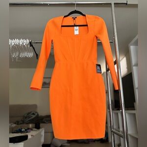 Express Orange Square Neck Body Contour Mini Dress